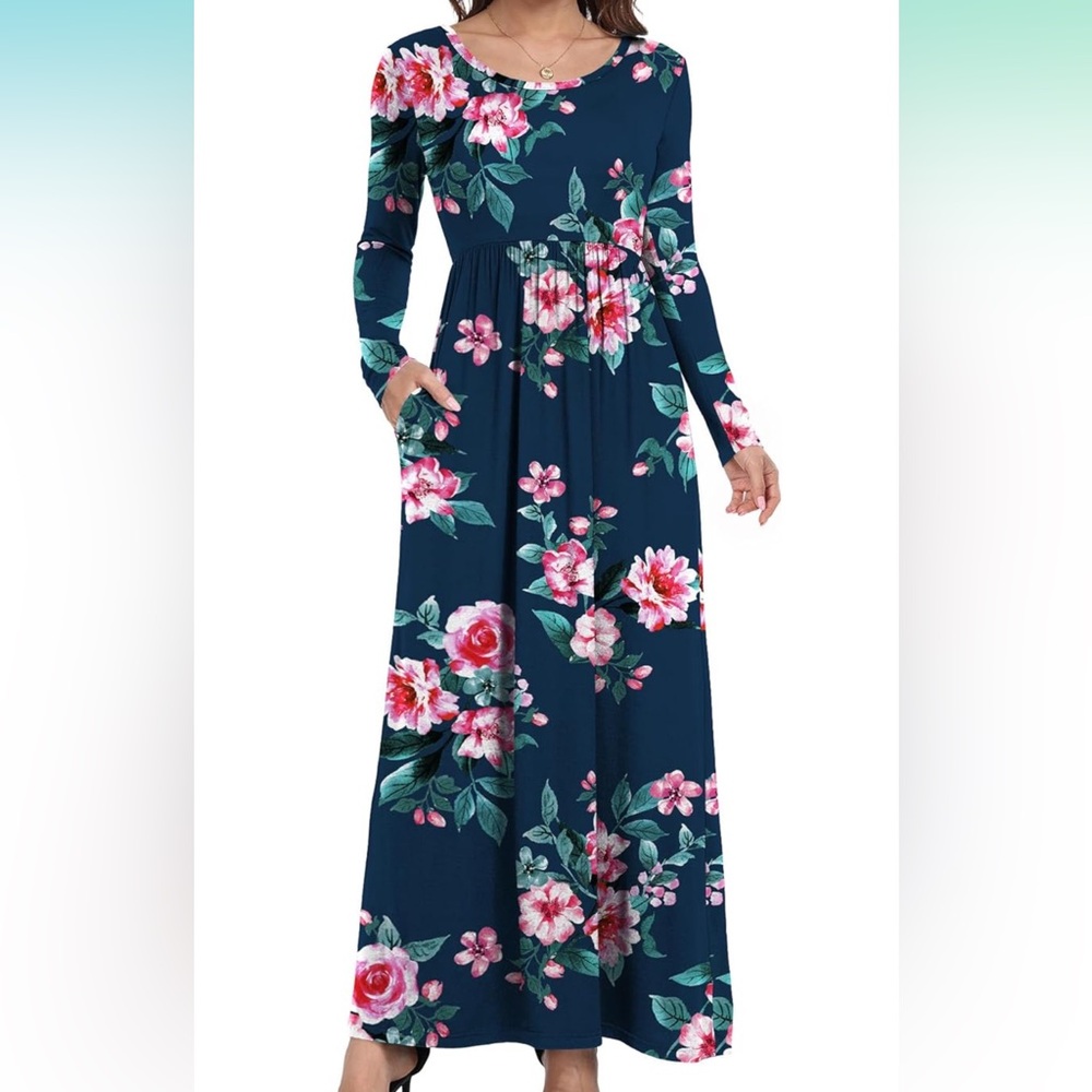 Long Sleeve Blue and Pink Floral Maxi Dress